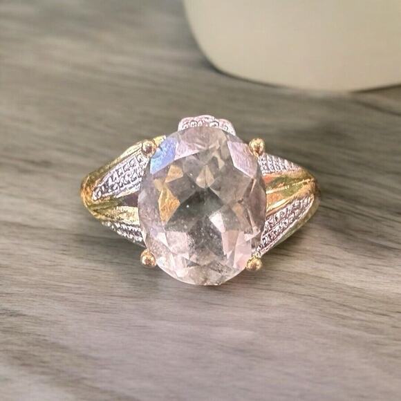 14 K yellow gold over over sterling silver diamonds green amethyst size 7 ring - Picture 1 of 4